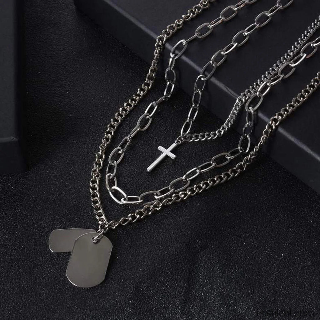 Trendy Minimalist Cross Sweater Chain Necklace Set SILVER