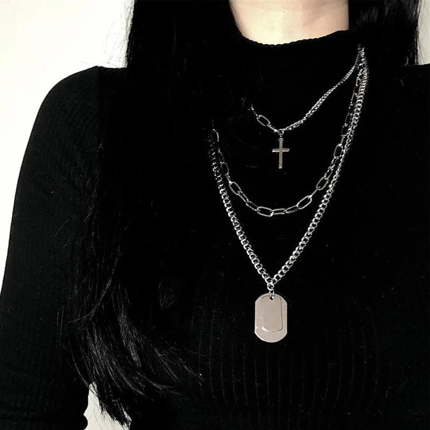 Trendy Minimalist Cross Sweater Chain Necklace Set SILVER