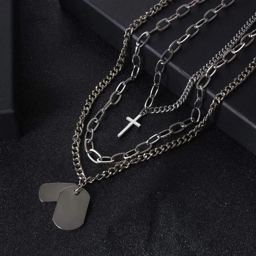 Trendy Minimalist Cross Sweater Chain Necklace Set SILVER