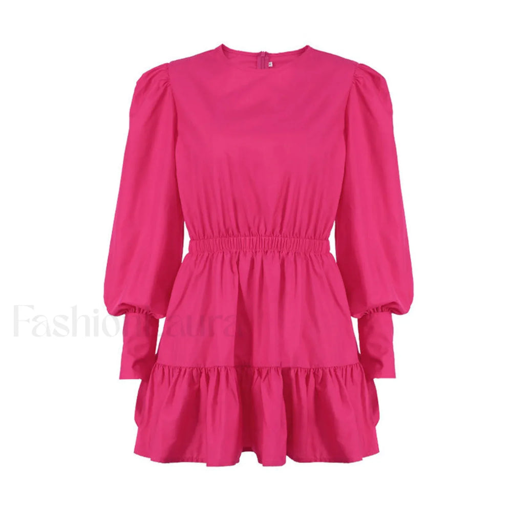Trendy Puff Sleeve Gathered Waist Ruffle Smock Mini Dress Hot Pink L / Hot Pink Party Dresses