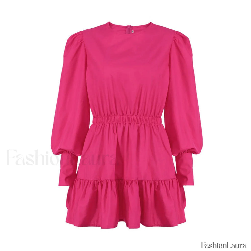 Trendy Puff Sleeve Gathered Waist Ruffle Smock Mini Dress Hot Pink L / Hot Pink Party Dresses