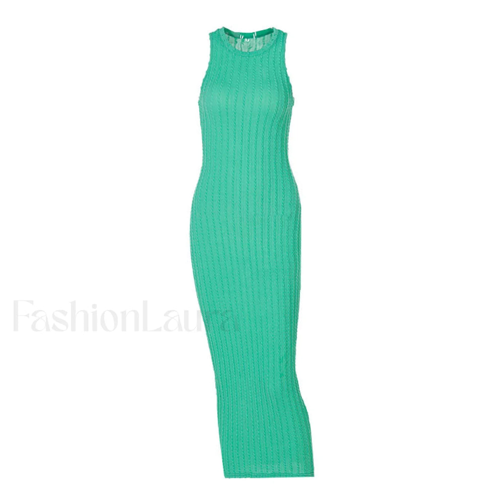Trendy Sleeveless Round Neck Cable Knit Midi Dress Green L / Green Sweater Dresses
