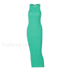 Trendy Sleeveless Round Neck Cable Knit Midi Dress Green L / Green Sweater Dresses