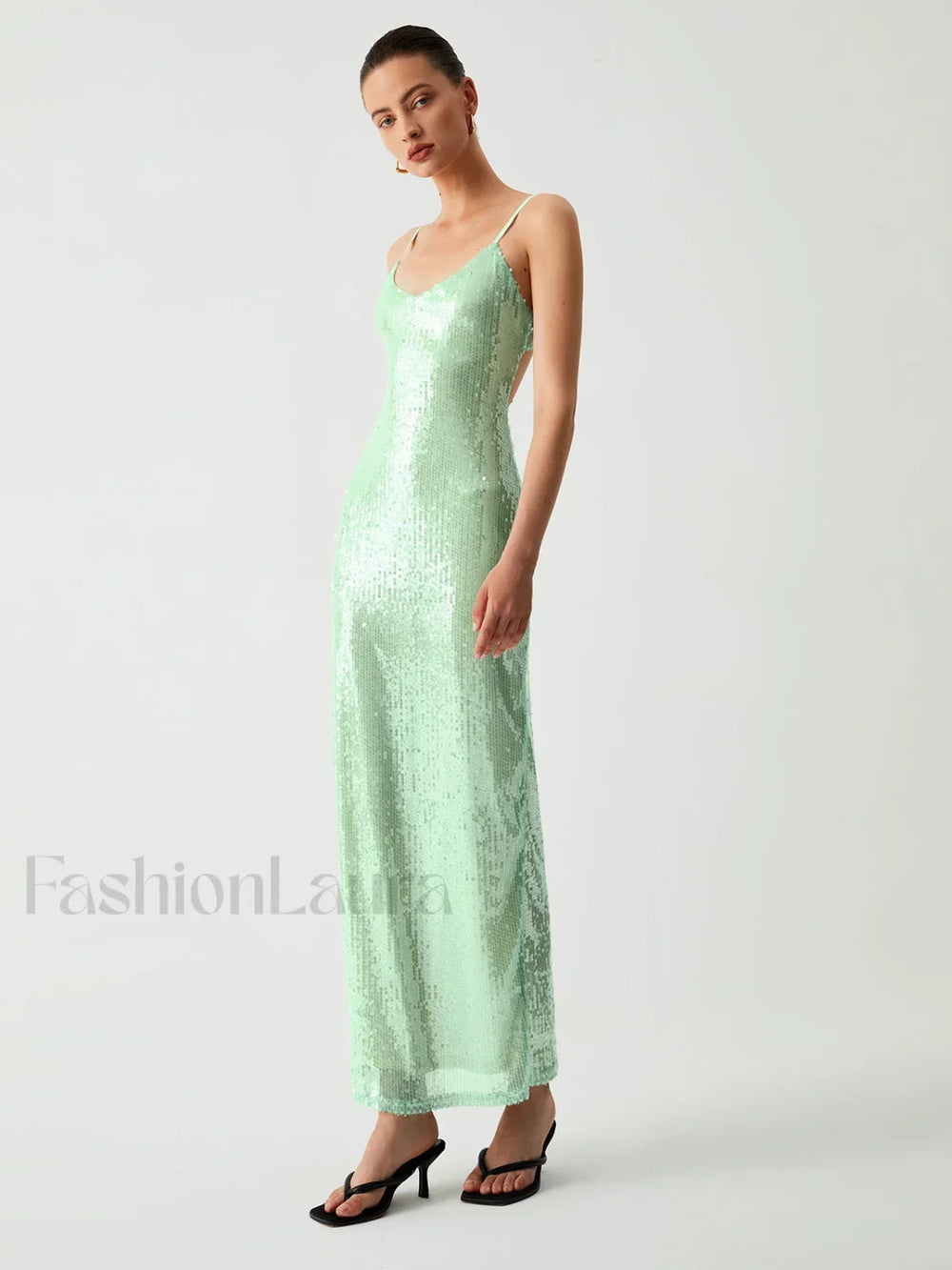 Triggered Sequin Open Trendy Back Long Dress Dresses
