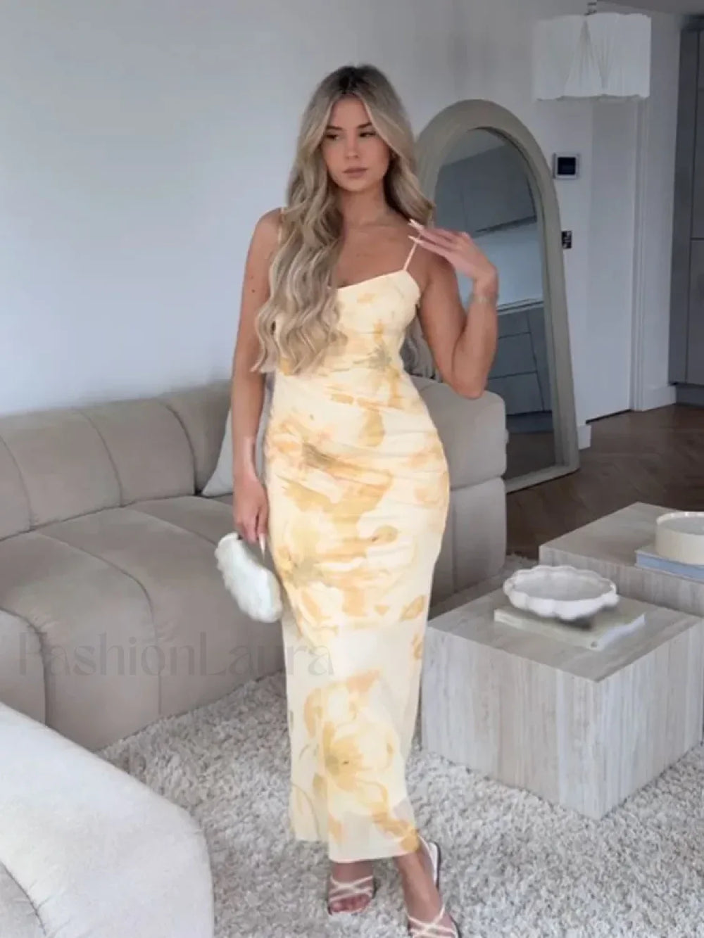 Tulle Pleated Zipper Floral Dress Yellow / XS