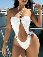Tummy Cut Out Bandeau Monokini Bikini Set White / S