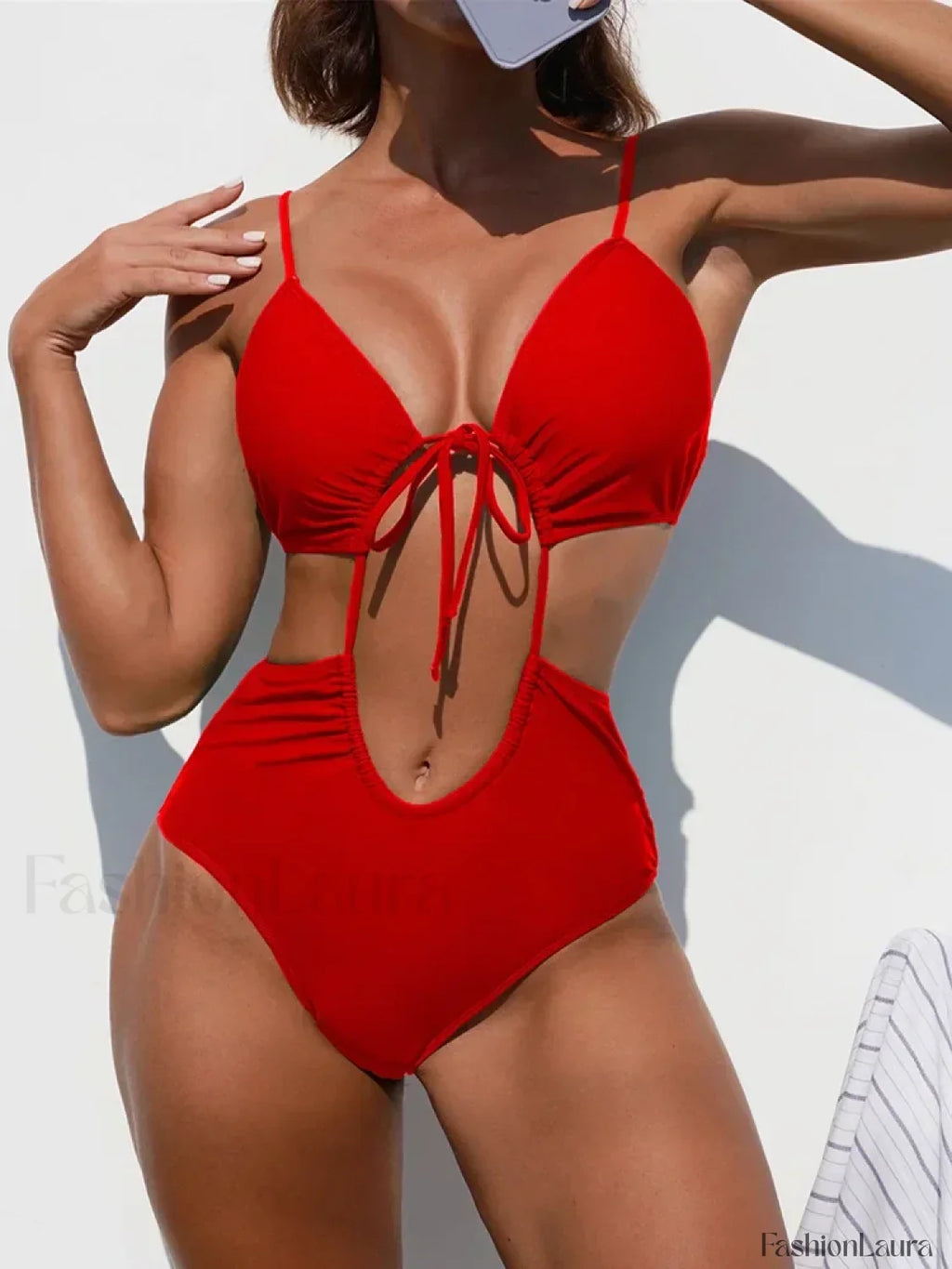Tummy Cut Out Lace Up One Piece red / S
