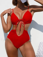 Tummy Cut Out Lace Up One Piece red / S