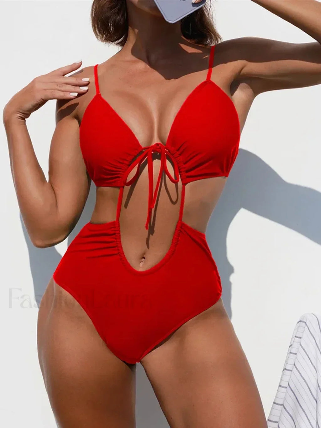 Tummy Cut Out Lace Up One Piece red / S