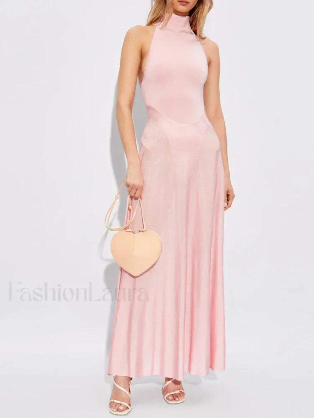Turtleneck Patchwork Pink Maxi Dress