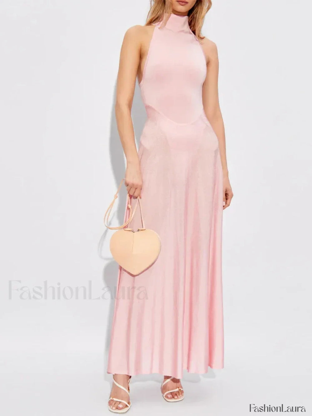 Turtleneck Patchwork Pink Maxi Dress