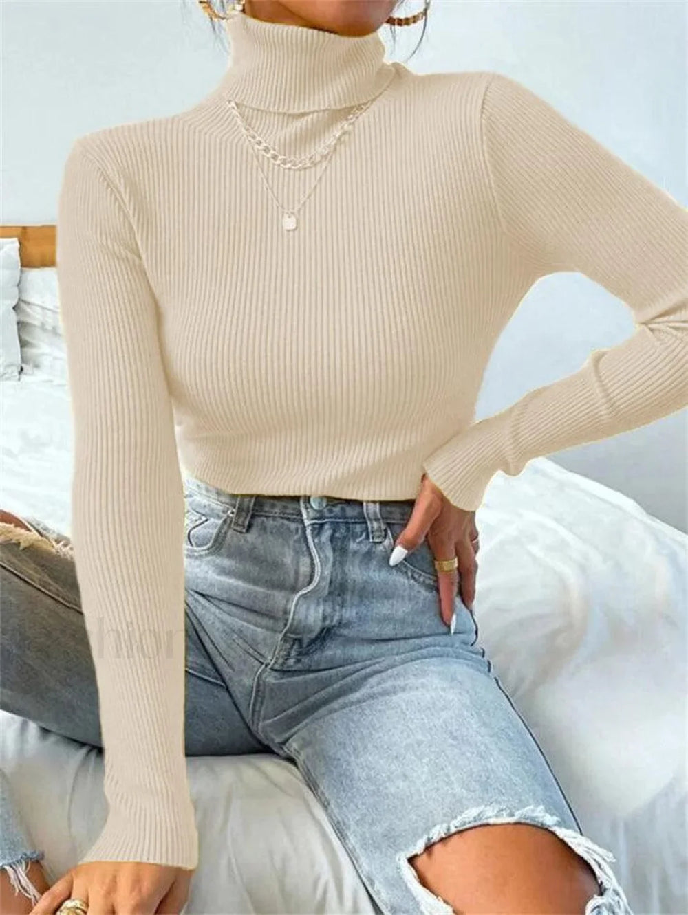 Turtleneck Ribbed Knit Sweater Beige / S Sweaters