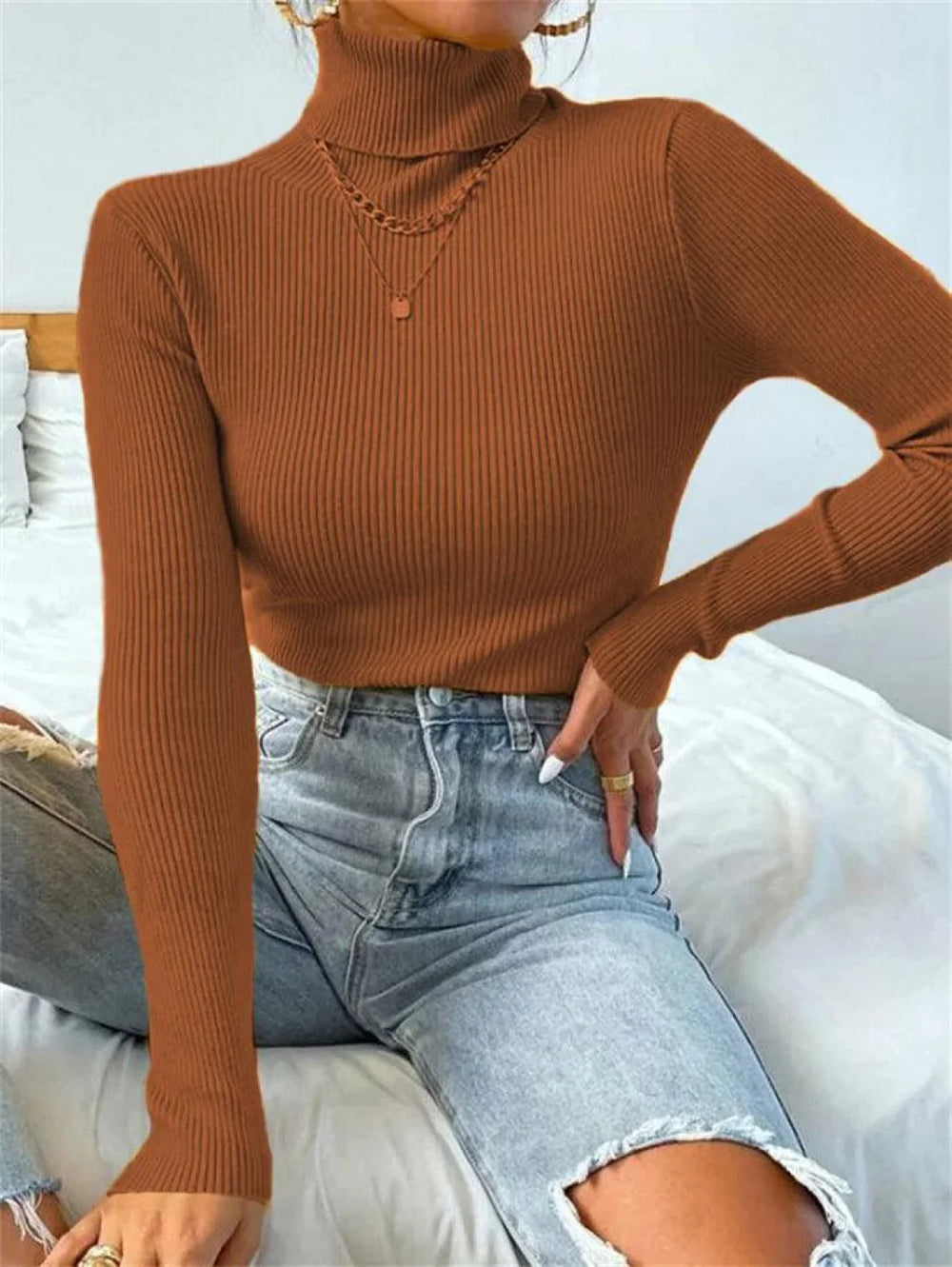 Turtleneck Ribbed Knit Sweater Brown / S Sweaters