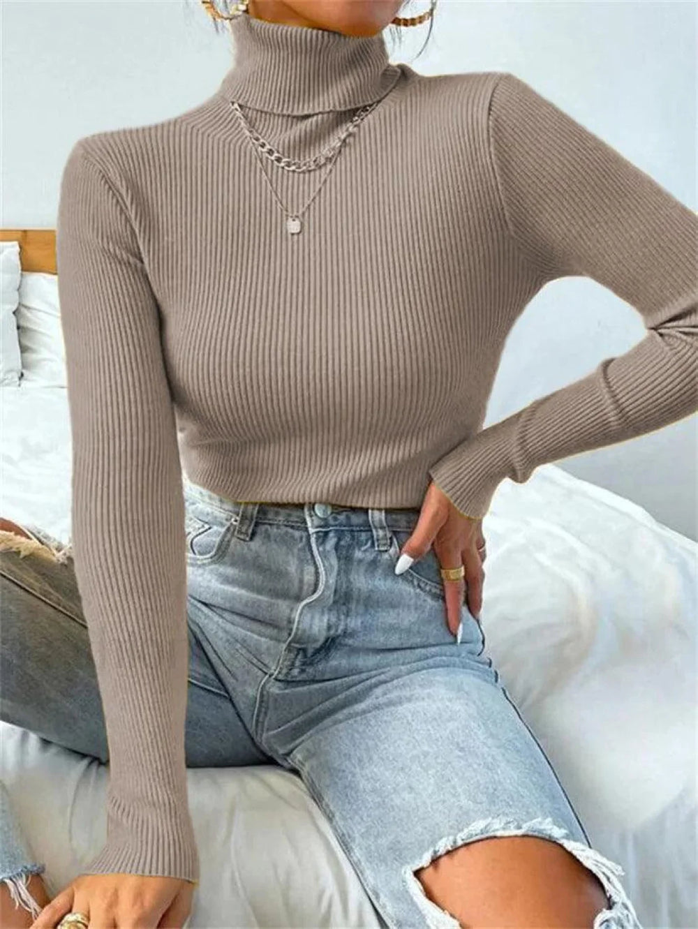 Turtleneck Ribbed Knit Sweater Khaki / S Sweaters