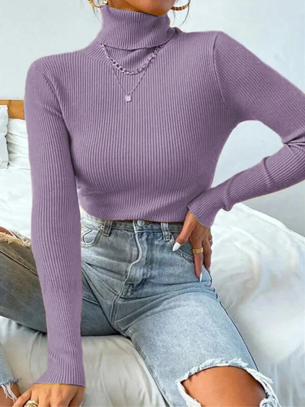 Turtleneck Ribbed Knit Sweater Purple / S Sweaters