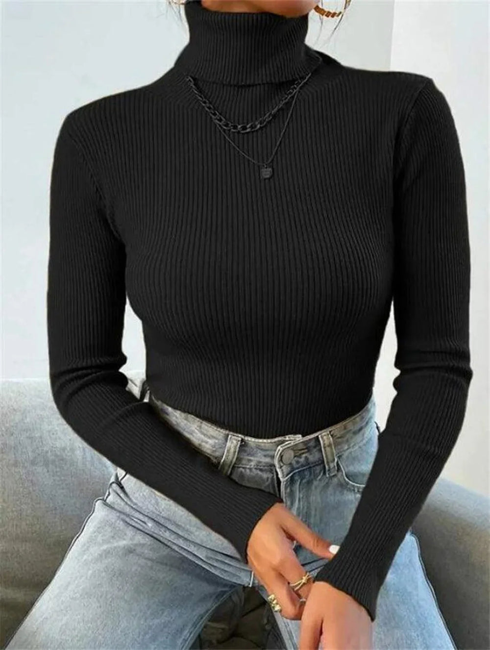 Turtleneck Ribbed Knit Sweater Sweaters