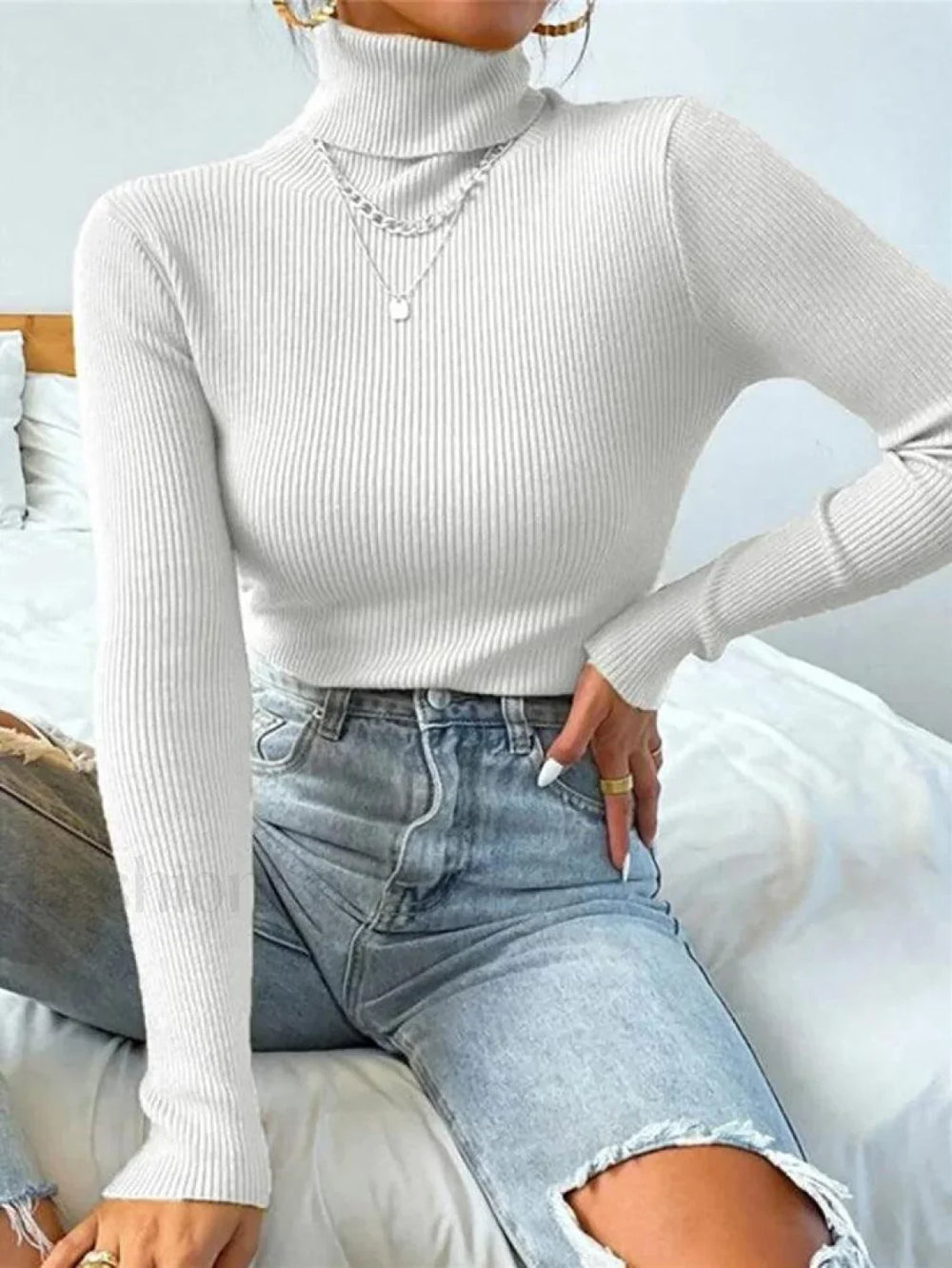 Turtleneck Ribbed Knit Sweater Sweaters