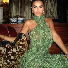 Turtleneck Sleeveless Fringed High Waist Slim Maxi Dress