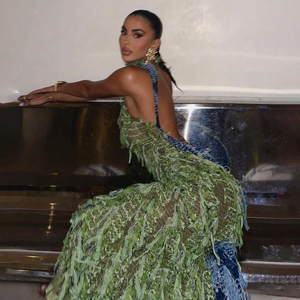 Turtleneck Sleeveless Fringed High Waist Slim Maxi Dress