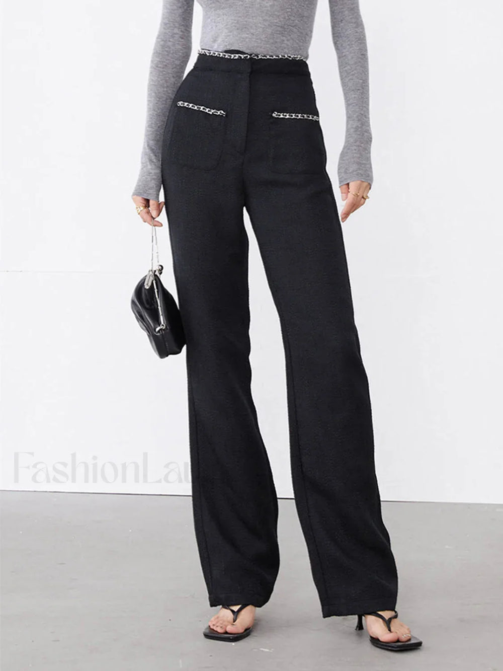 Tweed Contrast Trim Trendy Pocket Straight Leg Pants Pants