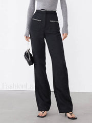 Tweed Contrast Trim Trendy Pocket Straight Leg Pants Pants