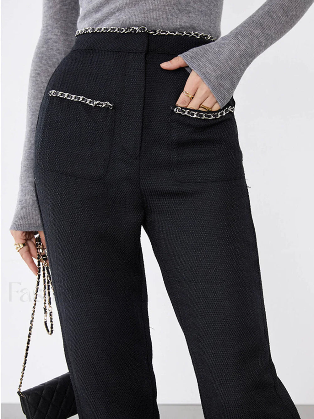 Tweed Contrast Trim Trendy Pocket Straight Leg Pants Pants