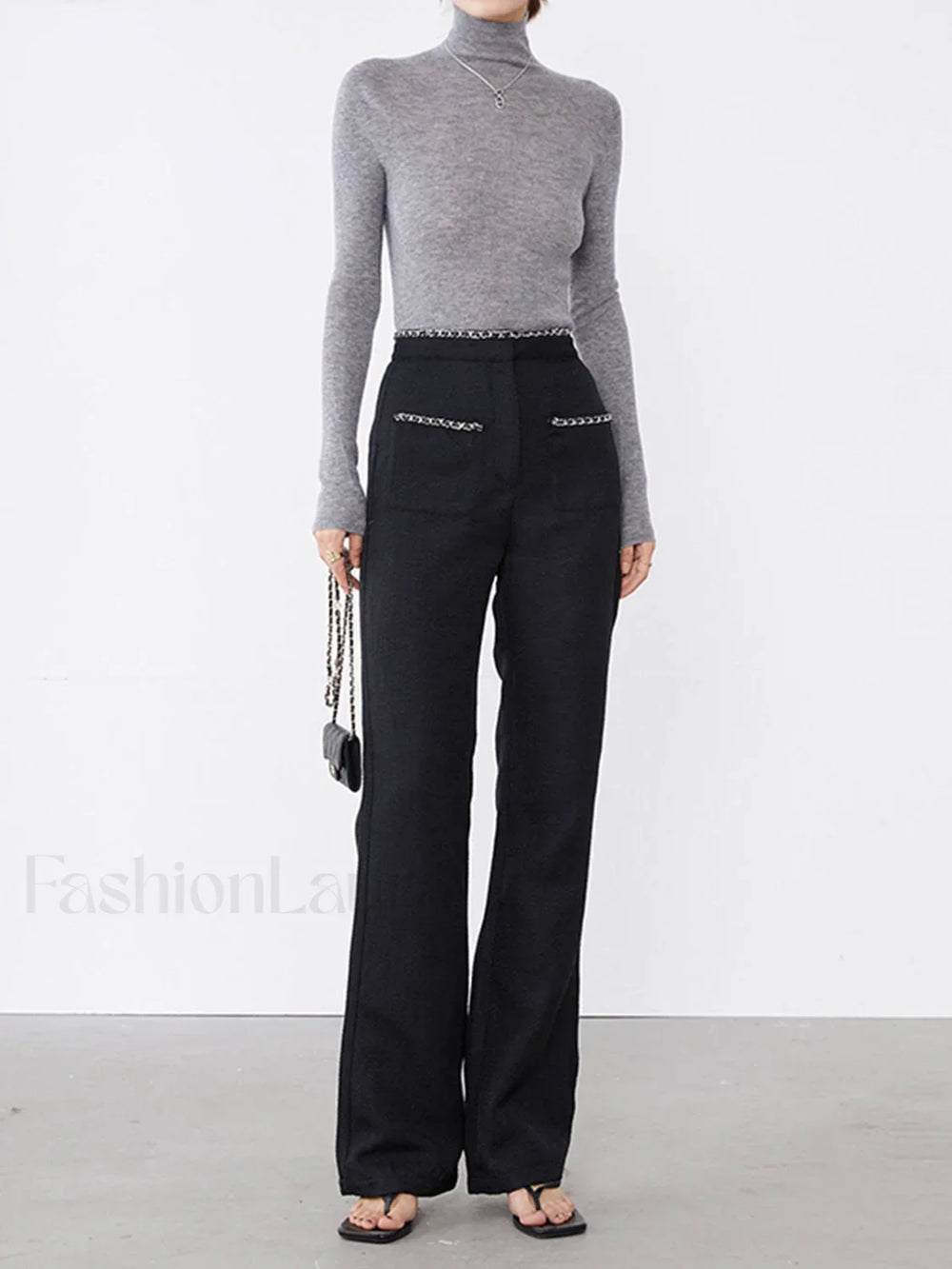 Tweed Contrast Trim Trendy Pocket Straight Leg Pants Pants