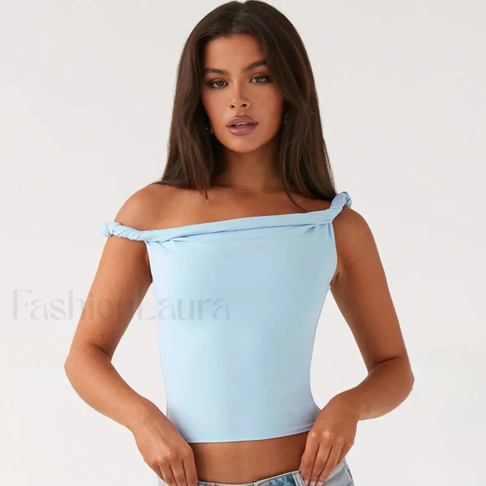 Twist Shoulder Halter Crop Top Blue / S