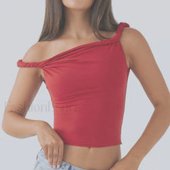 Twist Shoulder Halter Crop Top Red / S