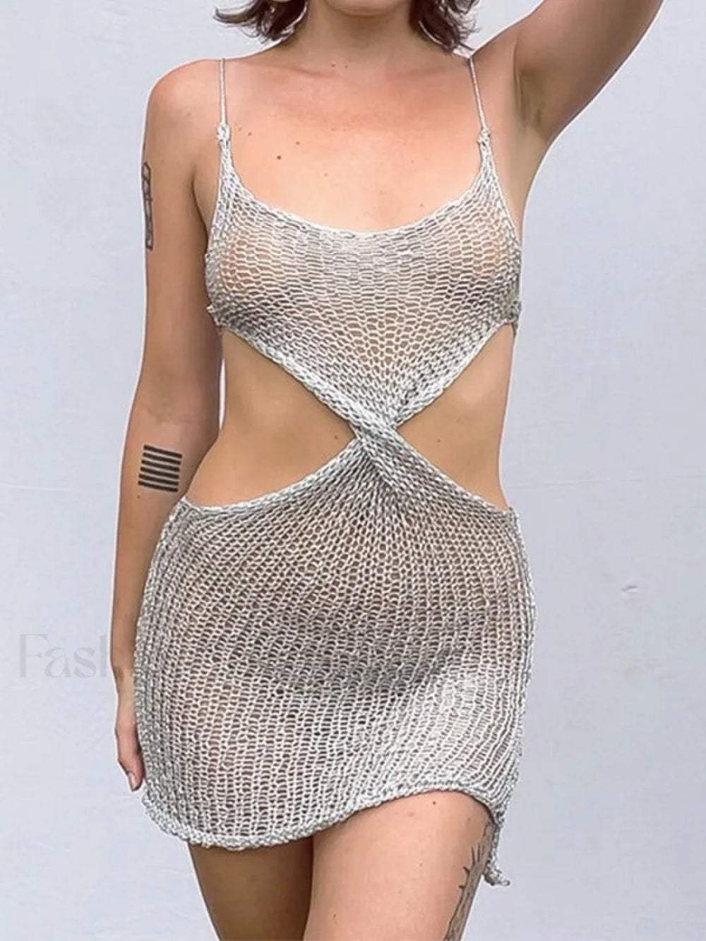 Twisted Cutout Crochet Mini Dress Silver / S Mini Dresses