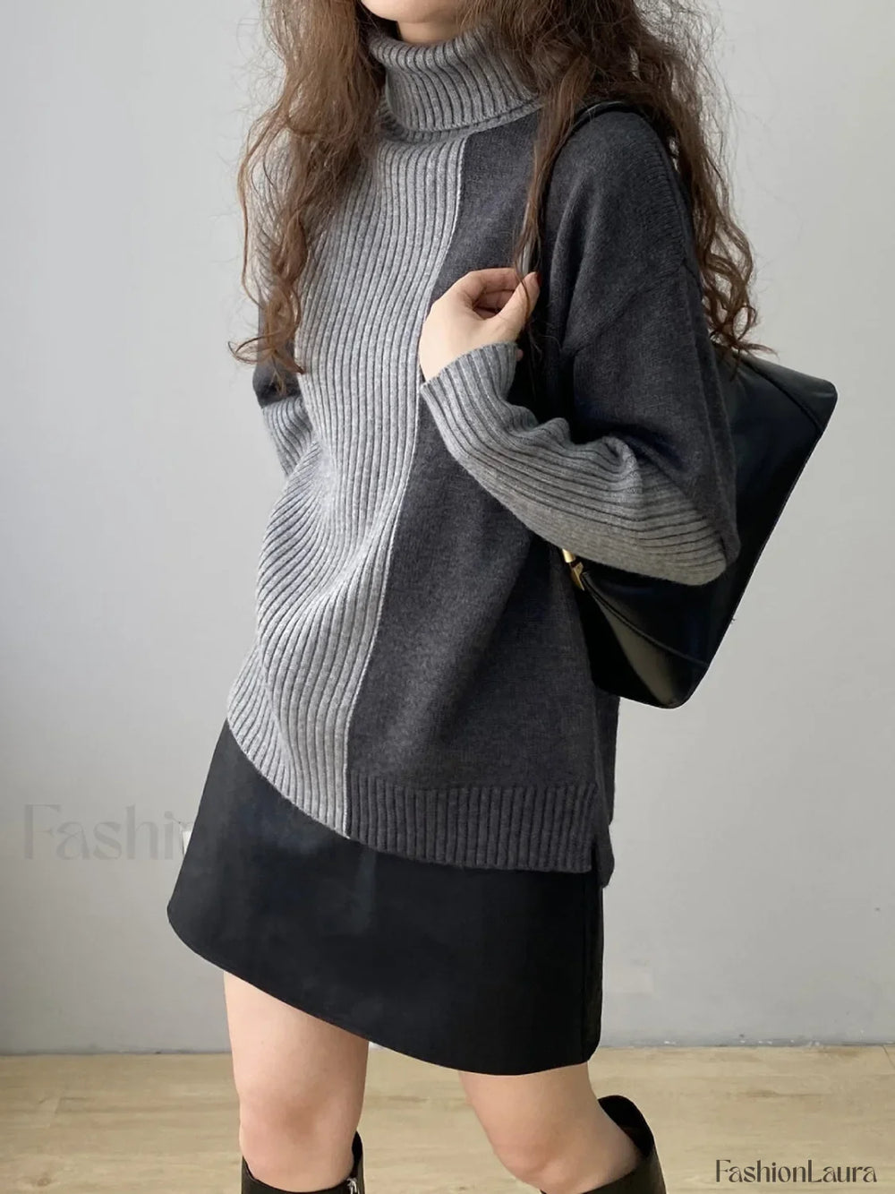 Two Tone Colorblock High Modern Neck Ribbed Knit Sweater Sweaters L