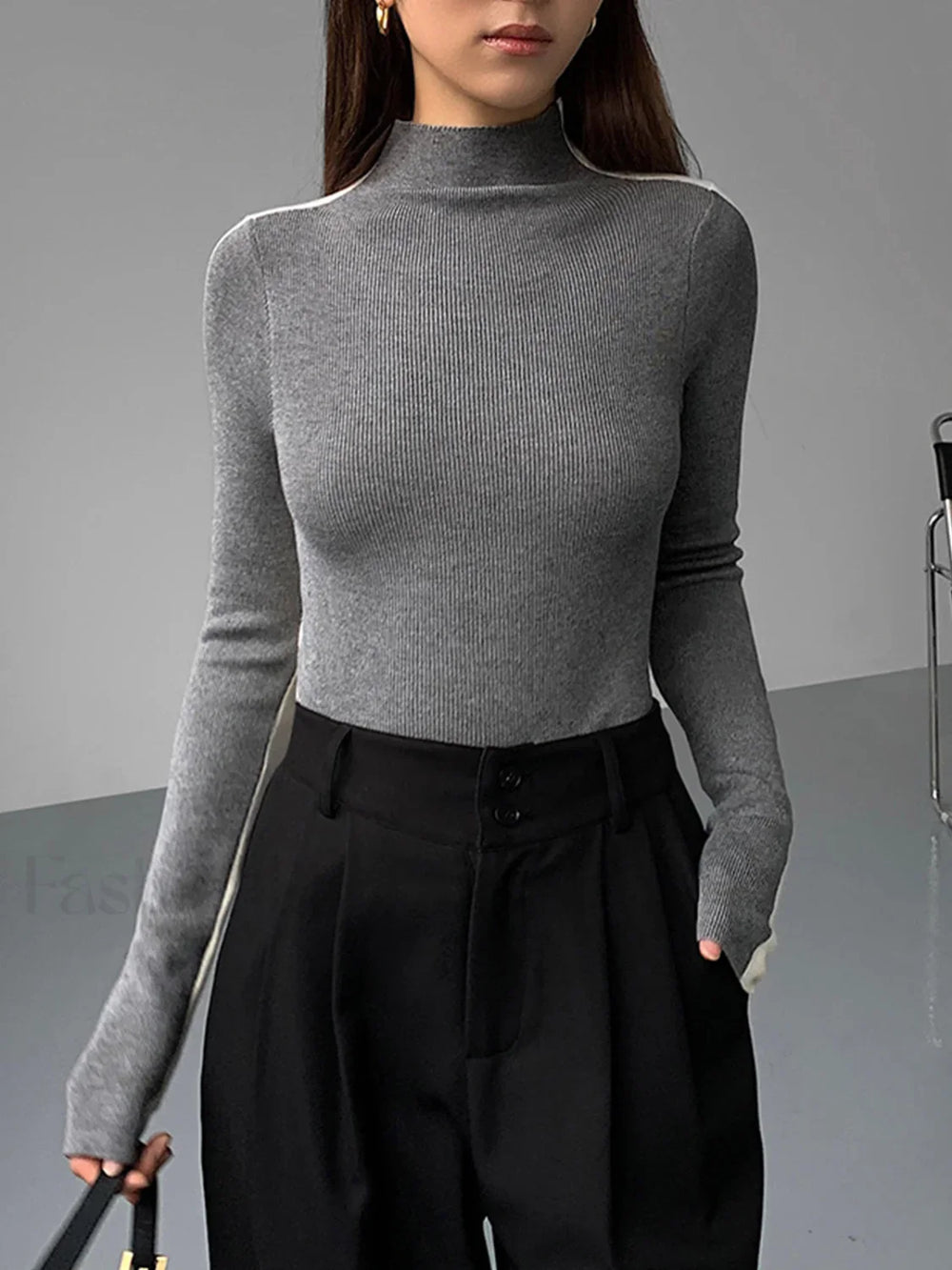 Two Tone Double Sided Long Sleeve Knit Top Light Grey / XS Knit Tops