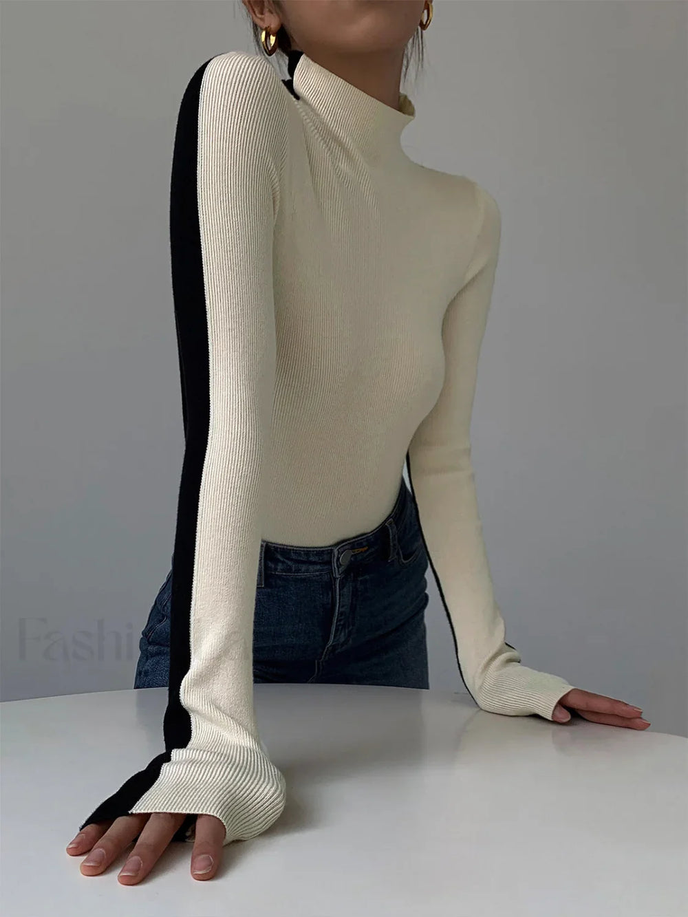 Two Tone Double Sided Long Sleeve Knit Top Knit Tops