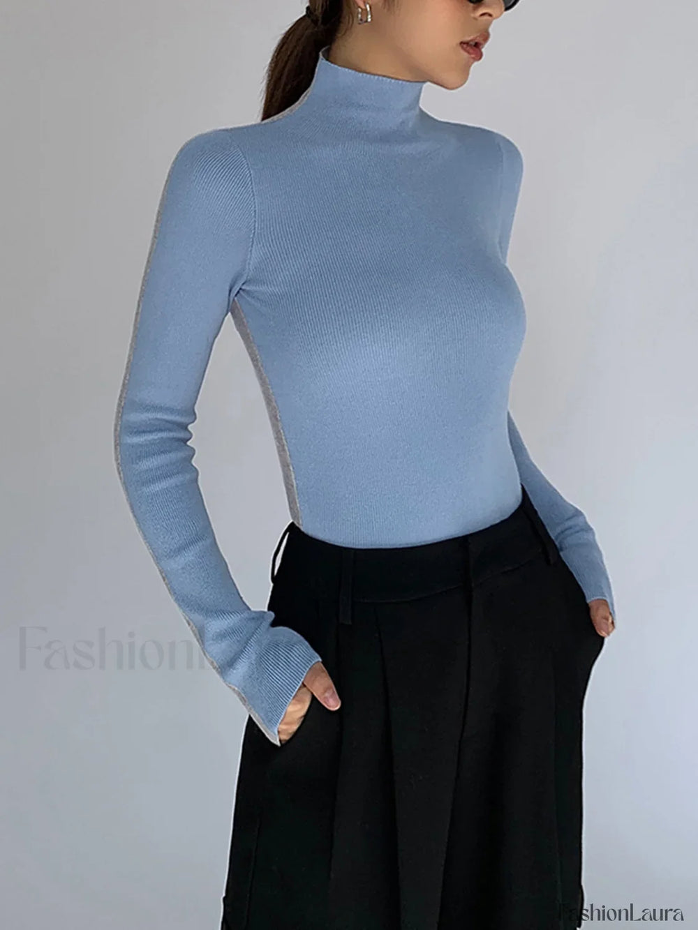 Two Tone Double Sided Modern Long Sleeve Knit Top Blue / XS Sweaters L