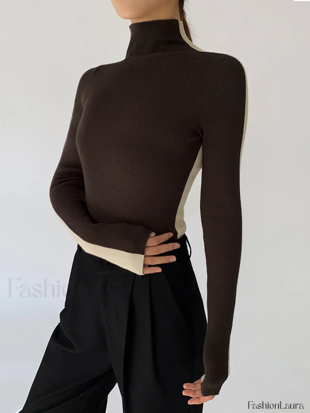Two Tone Double Sided Modern Long Sleeve Knit Top Dark Brown / XS Sweaters L