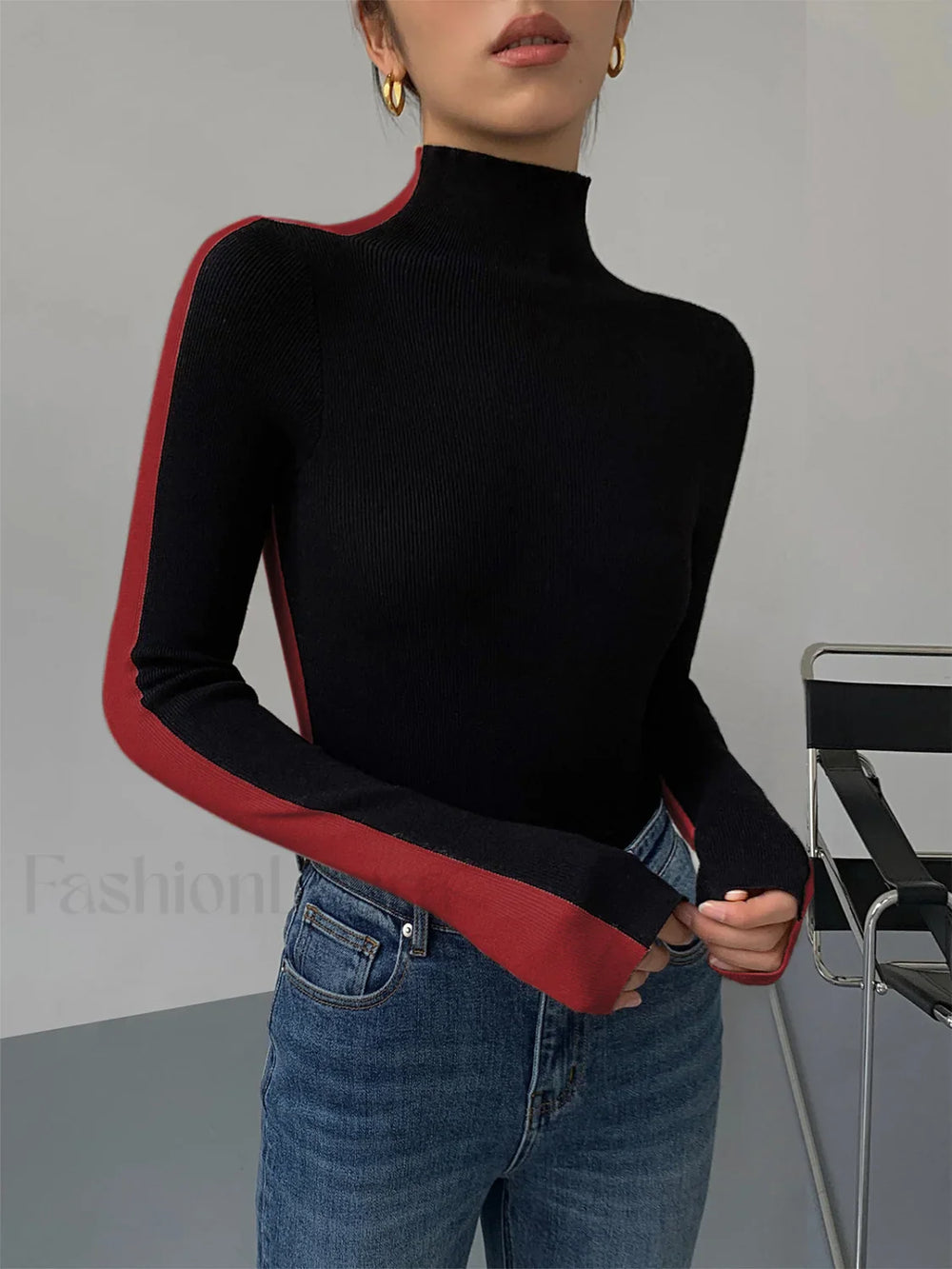 Two Tone Double Sided Modern Long Sleeve Knit Top Red / XS Sweaters L