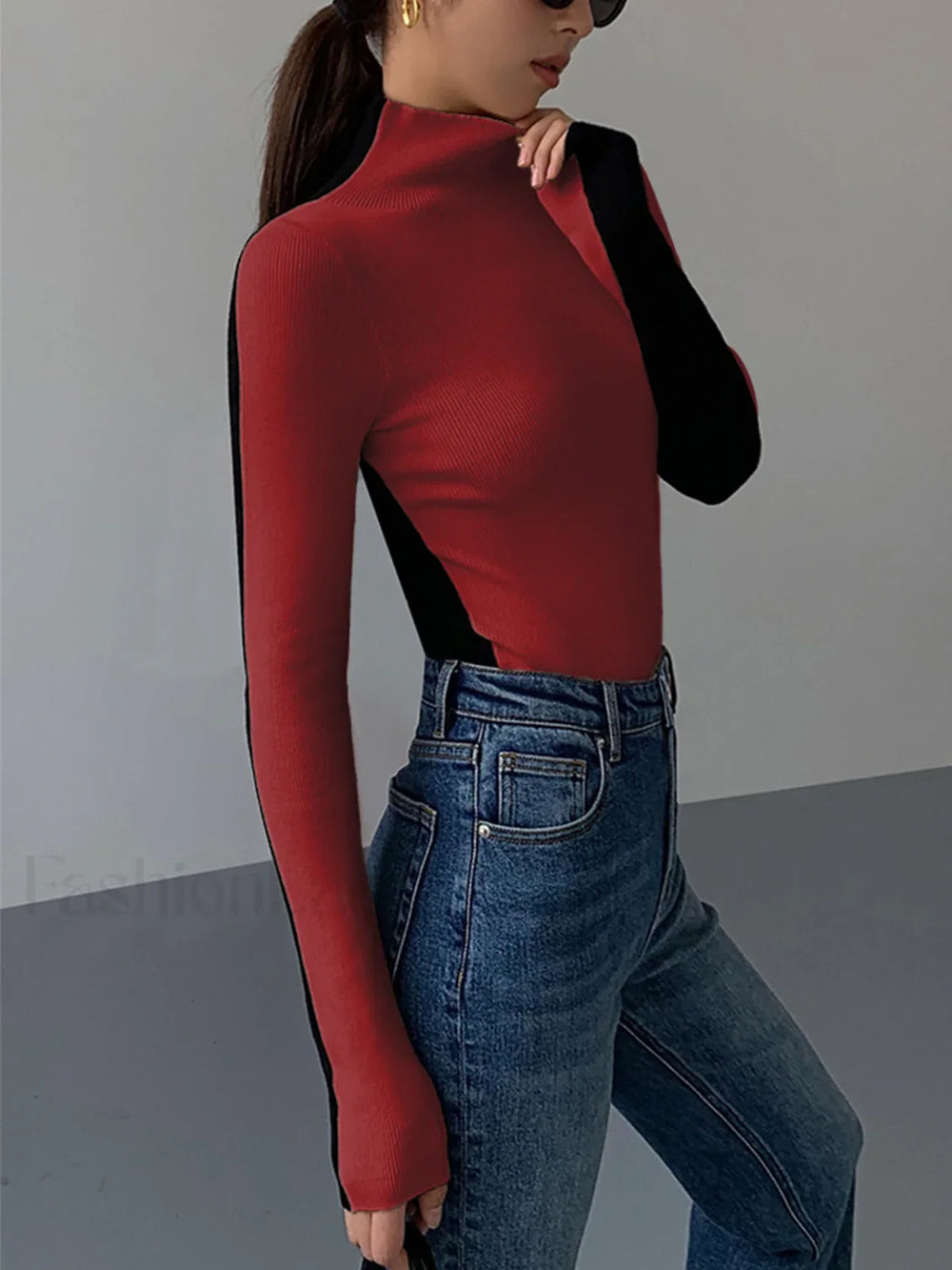 Two Tone Double Sided Modern Long Sleeve Knit Top Sweaters L
