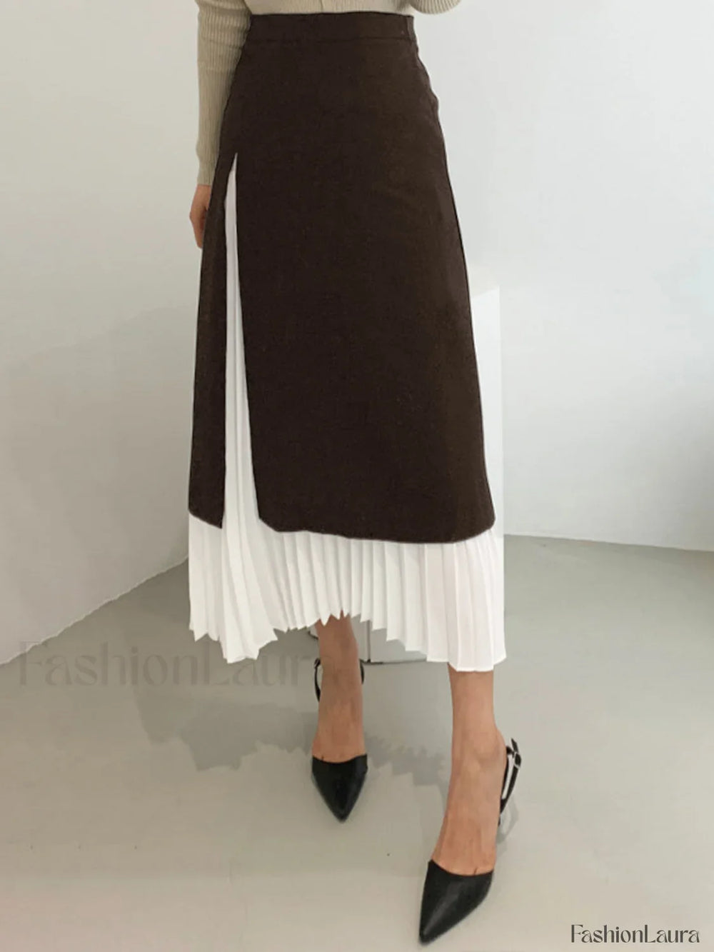 Two Tone Graceful Pleated Long Skirt Dark Brown / XS Skirts