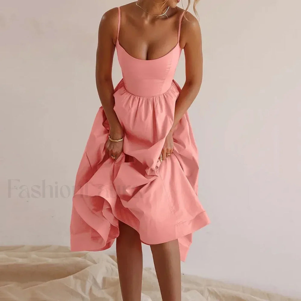 U Neck Pleated Sundress Midi Dress