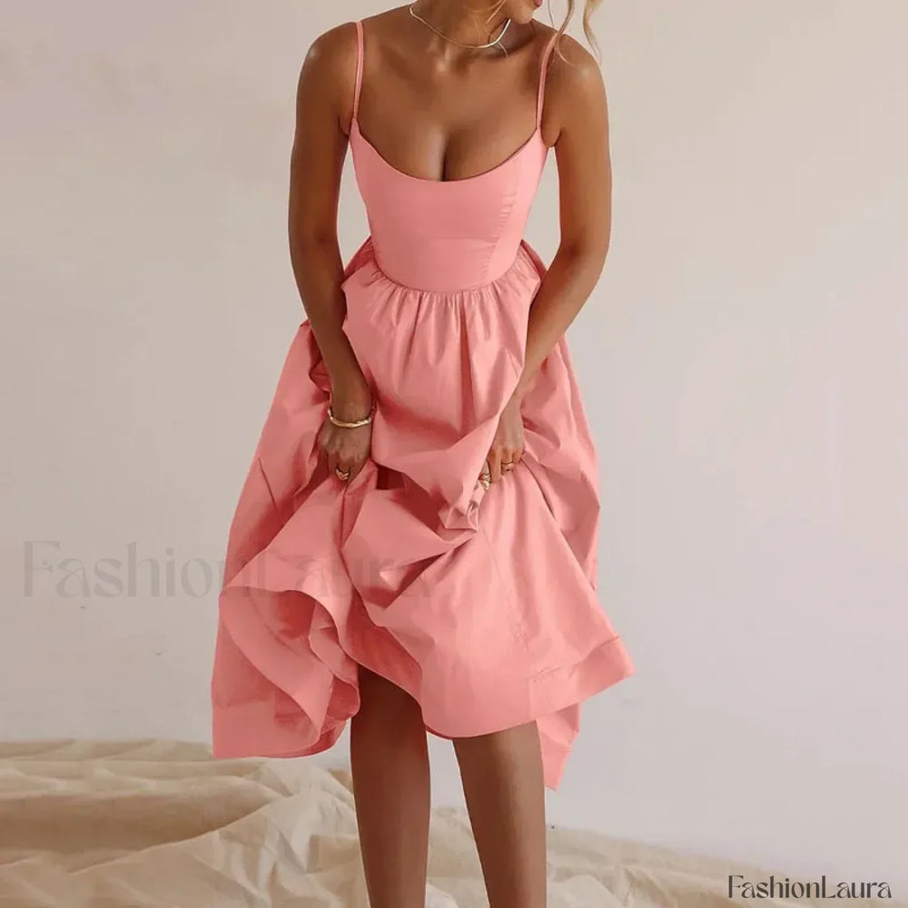 U Neck Pleated Sundress Midi Dress