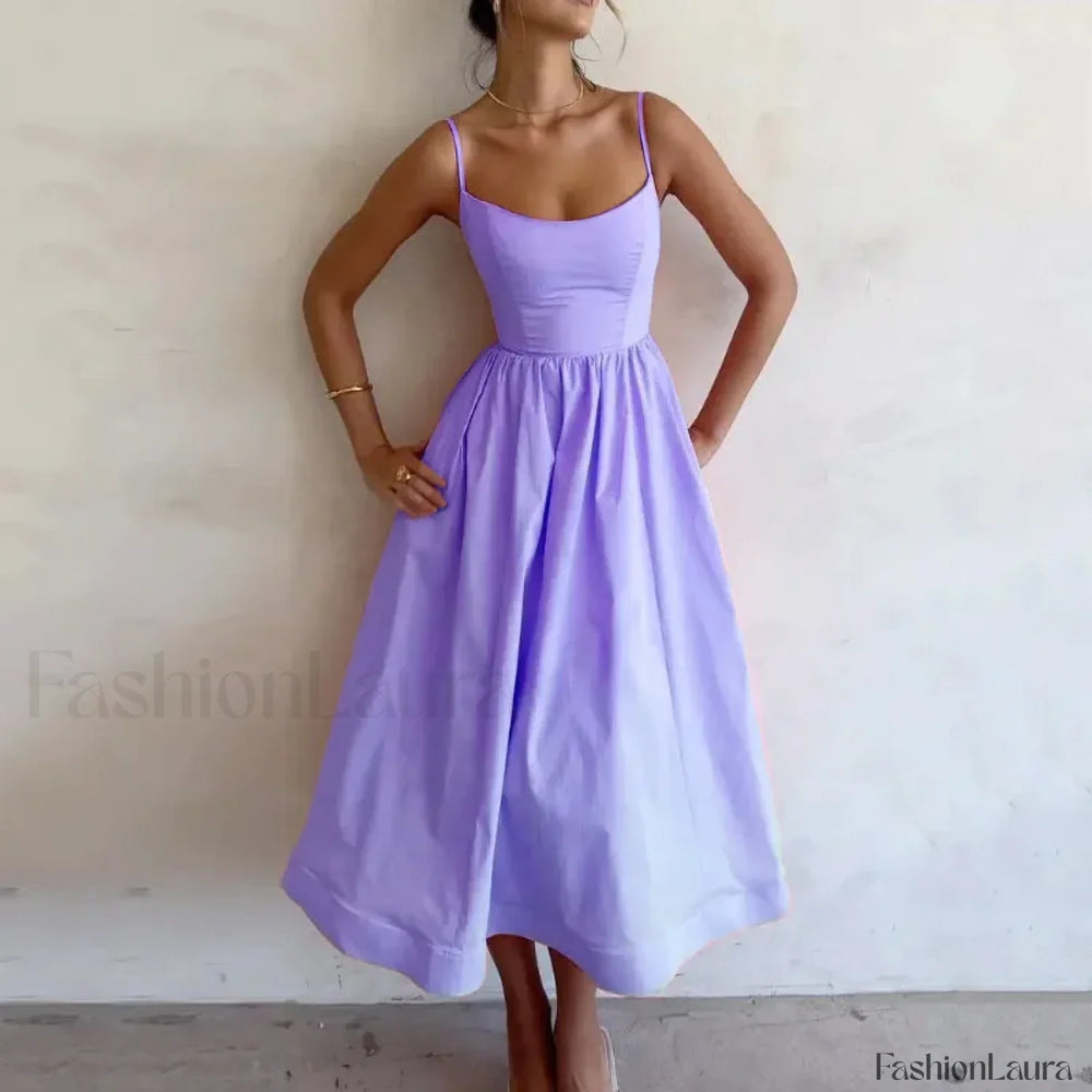 U Neck Pleated Sundress Midi Dress Purple / S