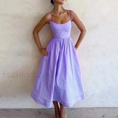 U Neck Pleated Sundress Midi Dress Purple / S