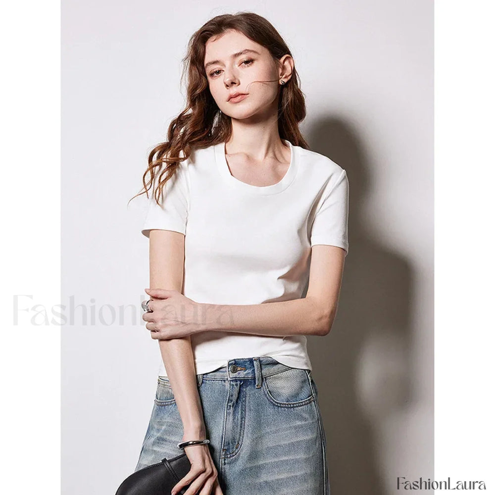 U neck Slim Fit Pullover Cotton T Shirt Beige / S