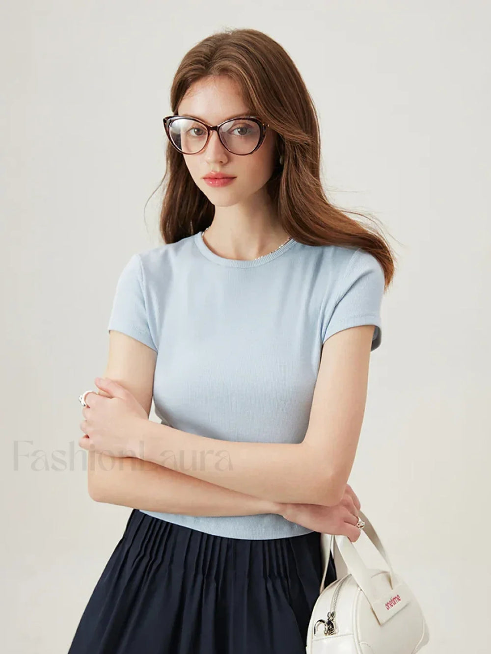 U Neck Slim Thin Knitted T Shirt Blue / XS