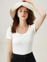U Neck Slim Thin Knitted T Shirt White / XS