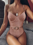Underwired Chain Belt Ribbed One Piece brown / S