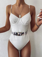 Underwired Chain Belt Ribbed One Piece white / S