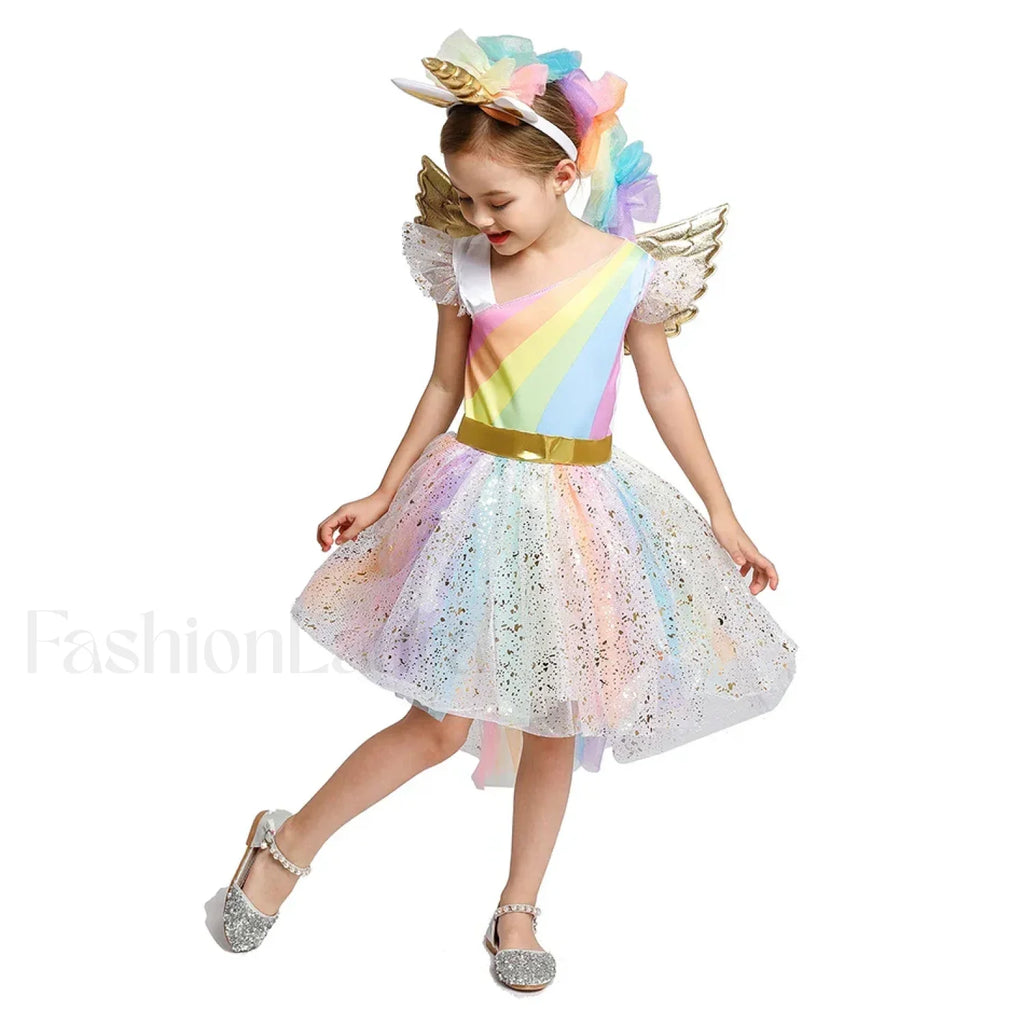Unicorn Dance Rainbow Costume Ball Princess Girls Kid Party Birthday Dress Halloween Cosplay Costume