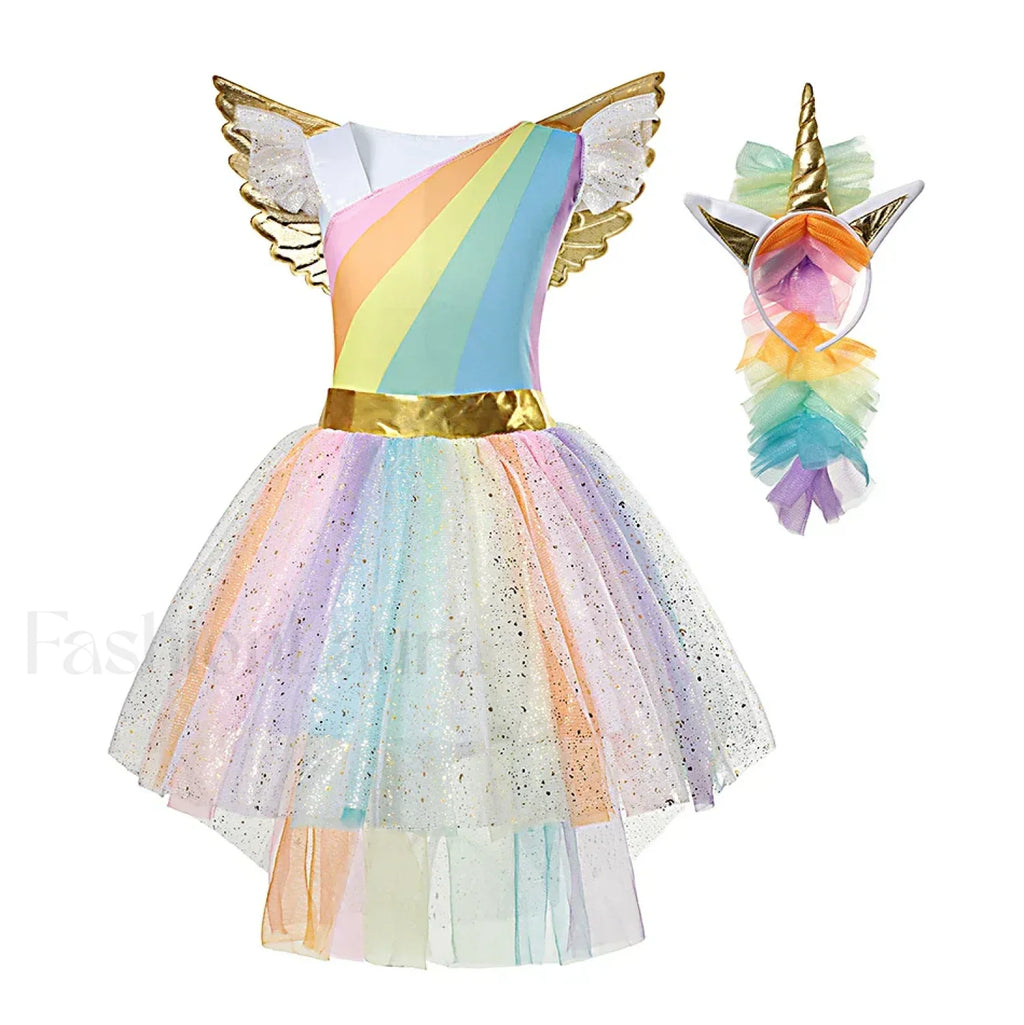 Unicorn Dance Rainbow Costume Ball Princess Girls Kid Party Birthday Dress Halloween Cosplay Costume 3 4T / Set A