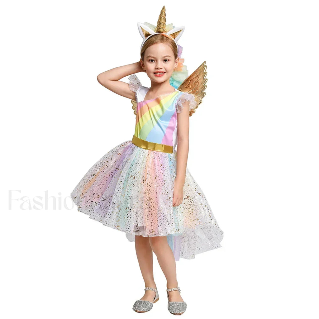 Unicorn Dance Rainbow Costume Ball Princess Girls Kid Party Birthday Dress Halloween Cosplay Costume